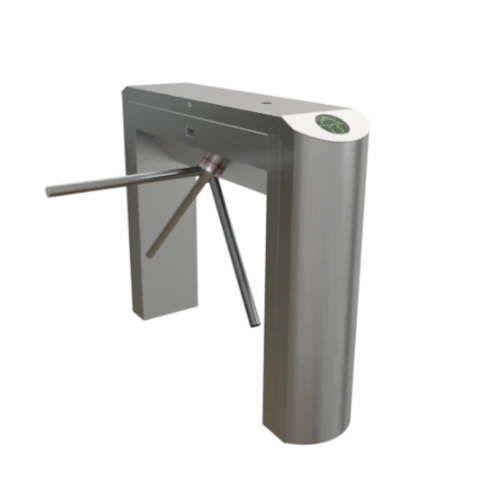 Torniquete de tres brazos para control de acceso en transporte público masivo, con validador integrado de tarjetas sin contacto y pago NFC para metro o bus